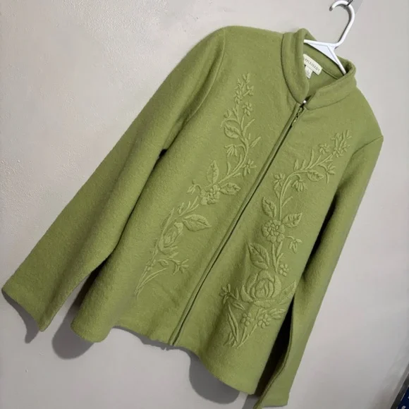 Vintage Green Wool Floral Brocade Cardigan Button Jacket Size Large Appleseed's - Picture 6 of 8